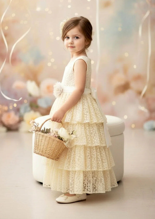 Toddler beige layered boho lace flower girl dresses for weddings
