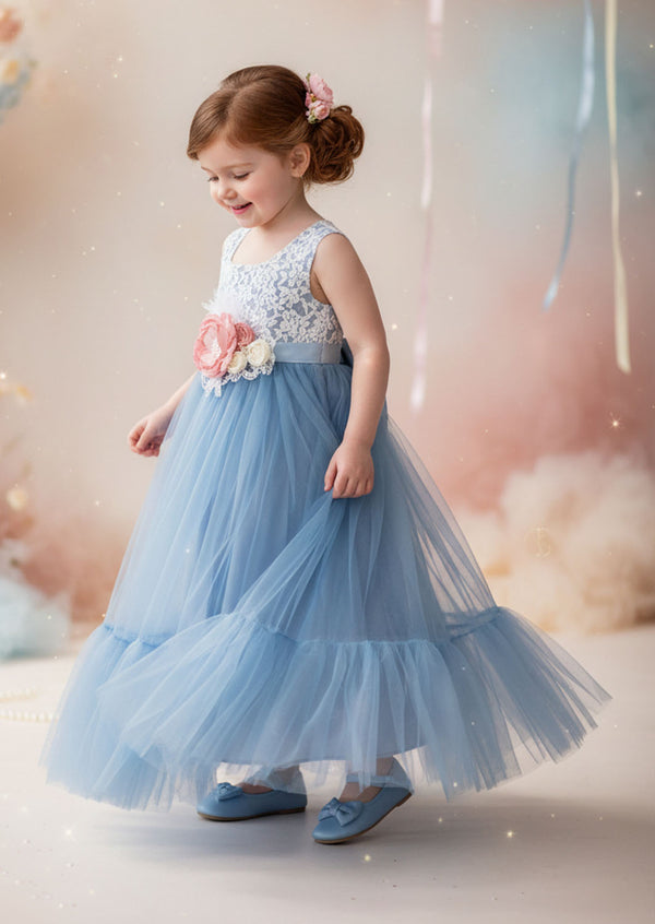 Toddler & Girls Dusty Blue Sleeveless Boho Flower Girl Dress Classic, Beach Weddings