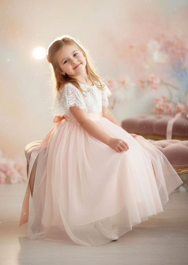 Short Sleeve Blush Tulle Toddler Girl Boho Flower Girl Dresses