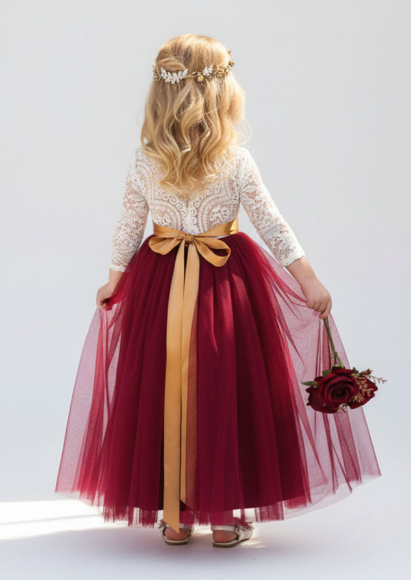 Burgundy Tulle Flower Girl Dress Lace Open Back