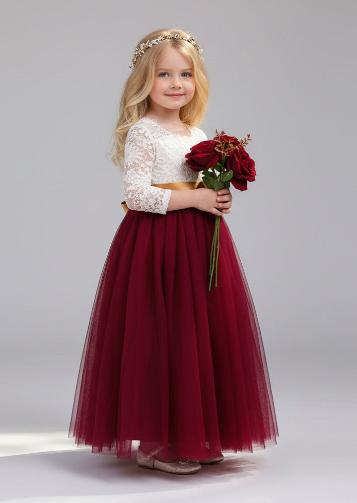 Burgundy Tulle Flower Girl Dress Lace Open Back