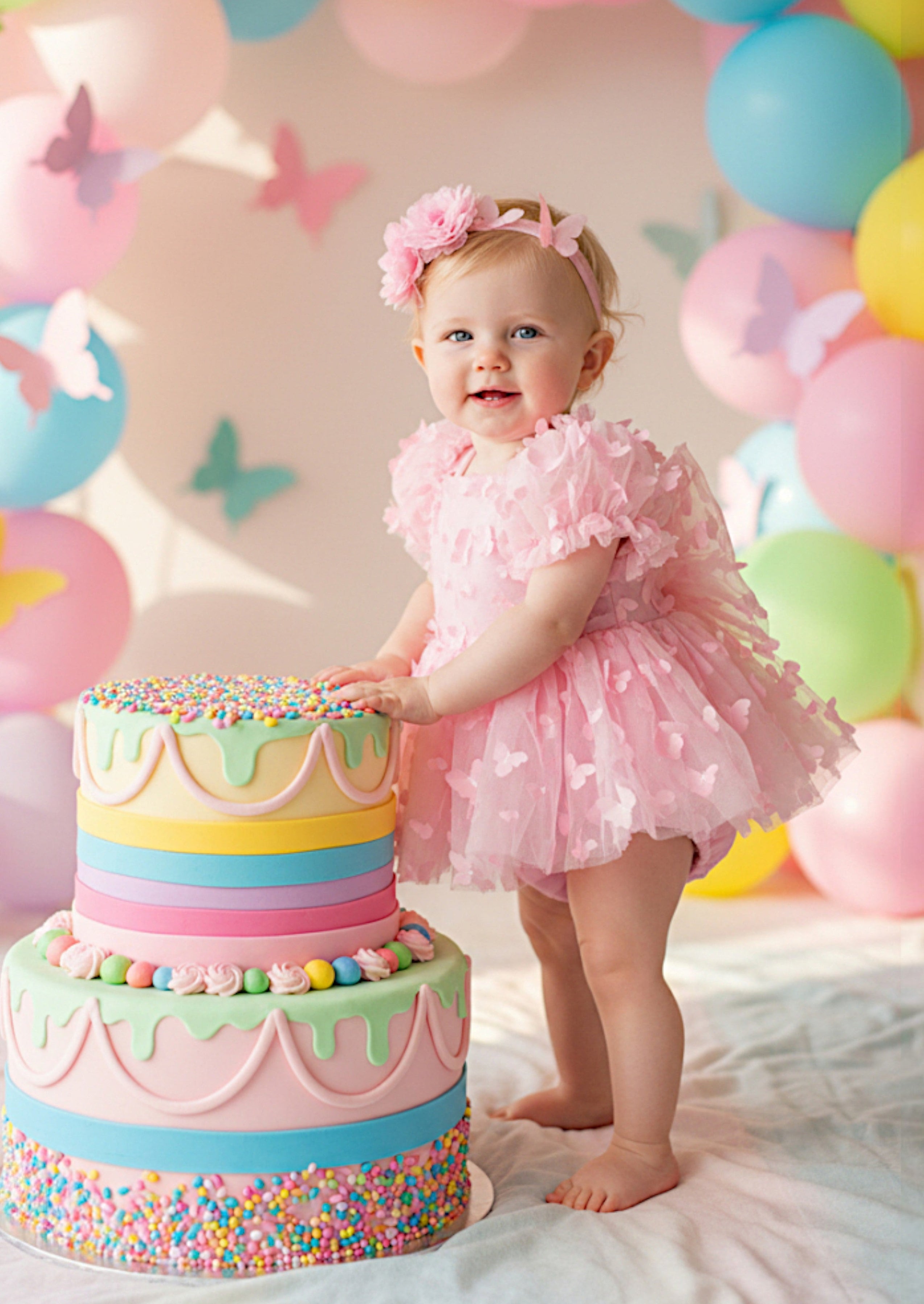 Pink Butterfly Romper  Puff Sleeve Birthday Outfit
