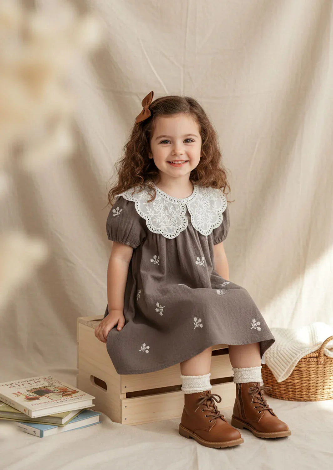 Dew Petal Textured Embroidered Gray Dress