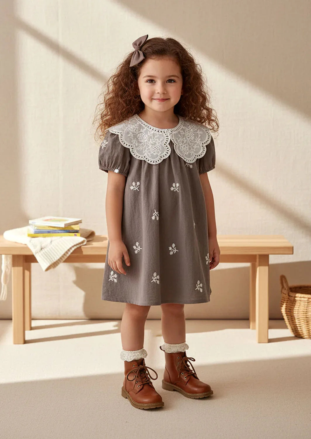 Dew Petal Textured Embroidered Gray Dress