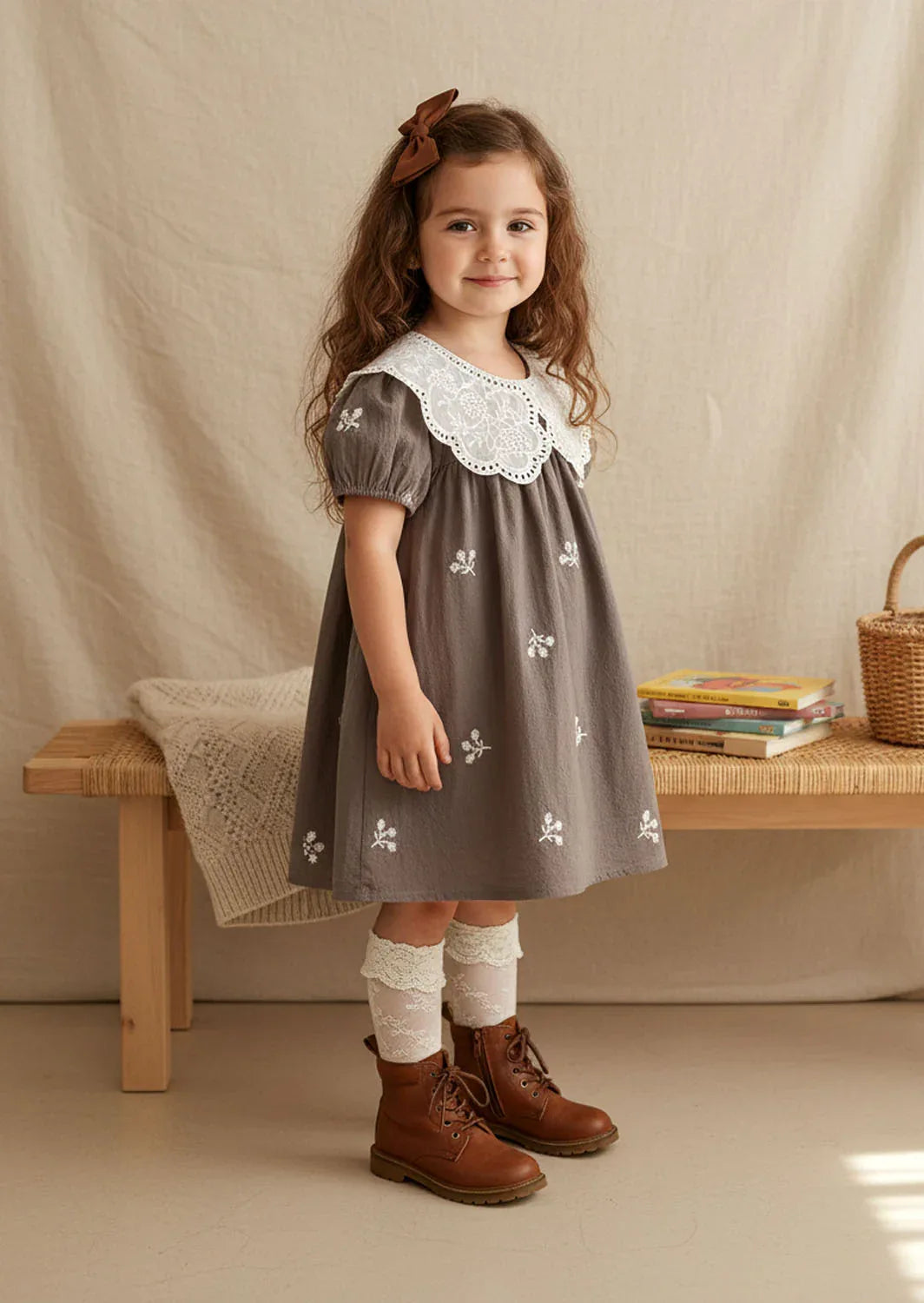 Dew Petal Textured Embroidered Gray Dress