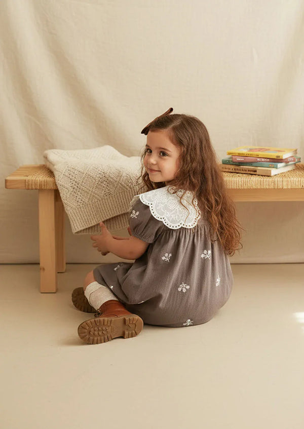 Dew Petal Textured Embroidered Gray Dress