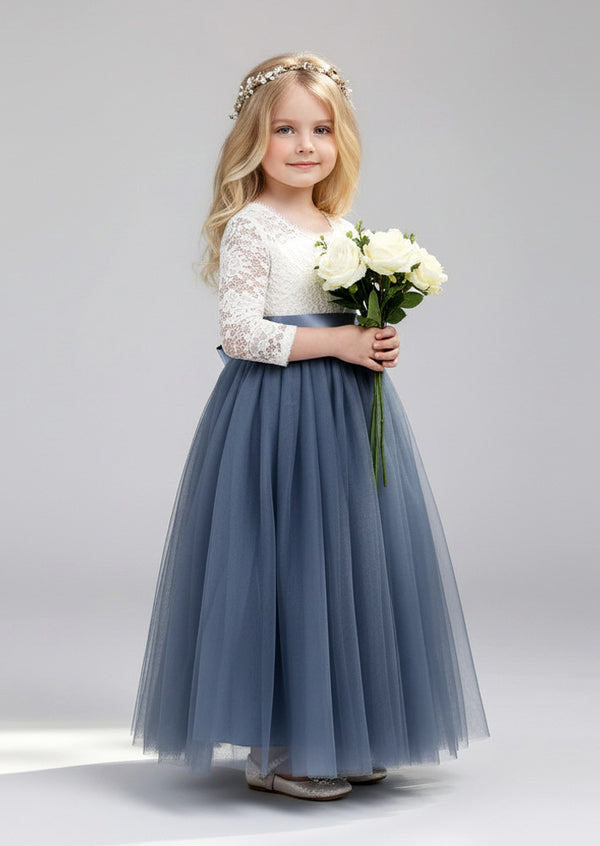 Blue Lace Flower Girl Dress Feathered Back & Tulle