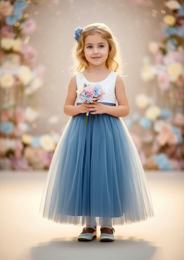 Dusty Blue Boho Flower Girl Dress for Garden Weddings