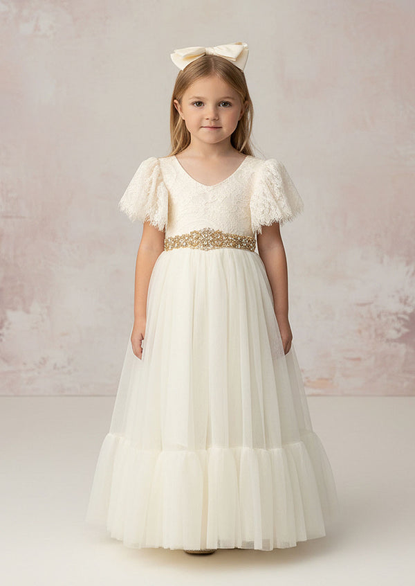 Our elegant ivory rustic lace boho flower girl dress brings elegance to special occasions and compliments barn venues, forest or countryside weddings, with style. 