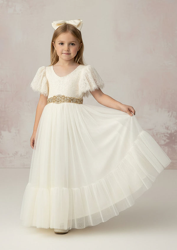 Our elegant ivory rustic lace boho flower girl dress brings elegance to special occasions and compliments barn venues, forest or countryside weddings, with style. 