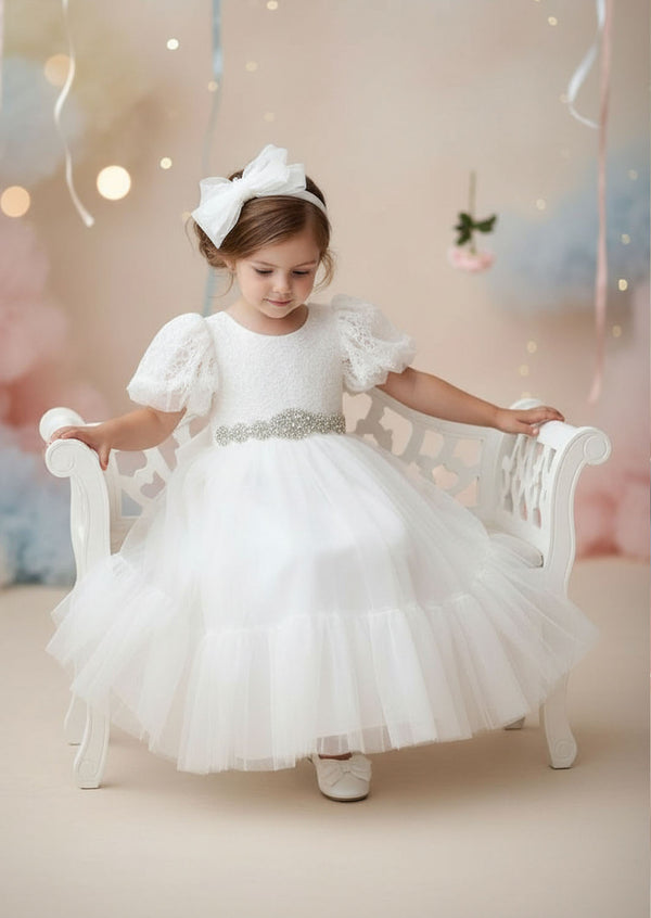 Toddler Girl Elegant White Short Sleeve Flower Girl Dress for Classic Modern Weddings