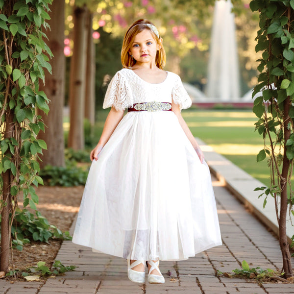 Short Sleeve White Tulle & Lace Flower Girls Dresses
