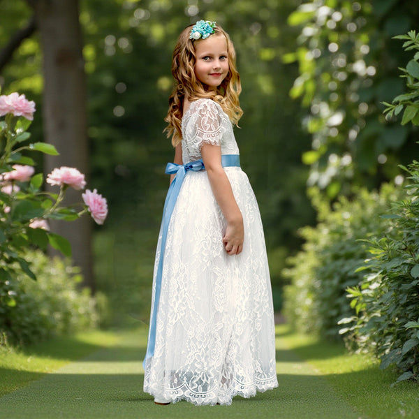 Short Sleeve White Lace Flower Girl Dresses 