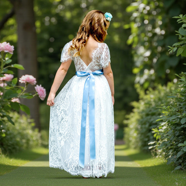 Short Sleeve White Lace Flower Girl Dresses 