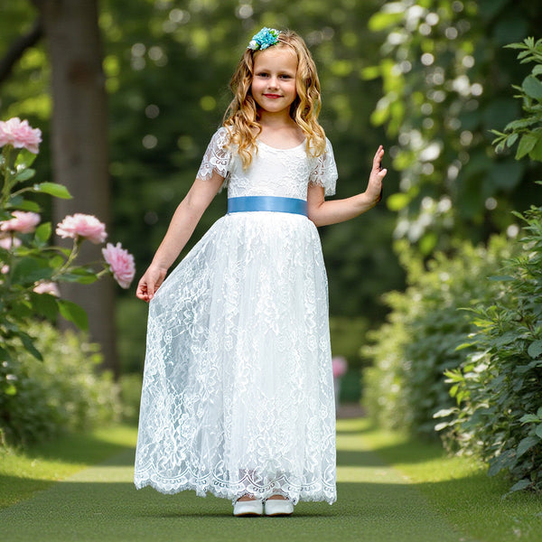 Short Sleeve White Lace Flower Girl Dresses 