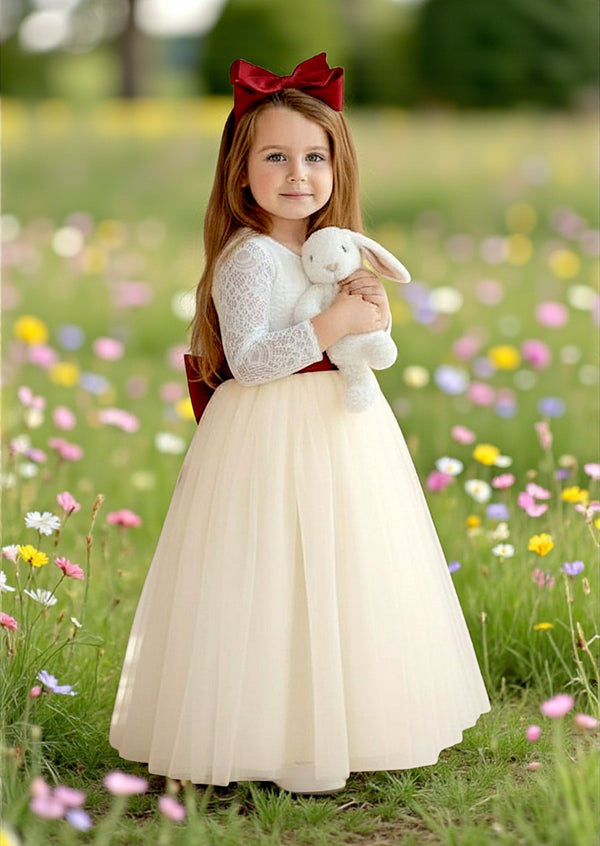 White & Ivory Flower Girl Dress  Lace V‑Back & Tulle