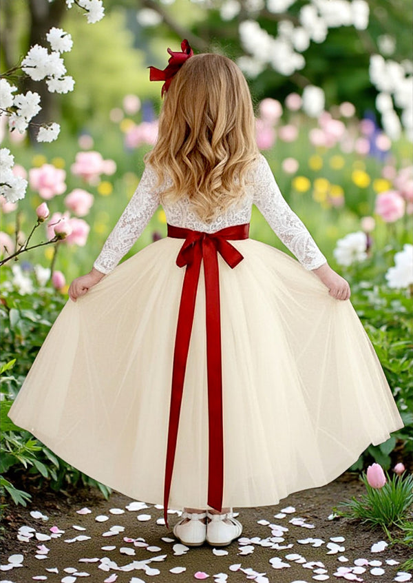 White & Ivory Flower Girl Dress  Lace V‑Back & Tulle