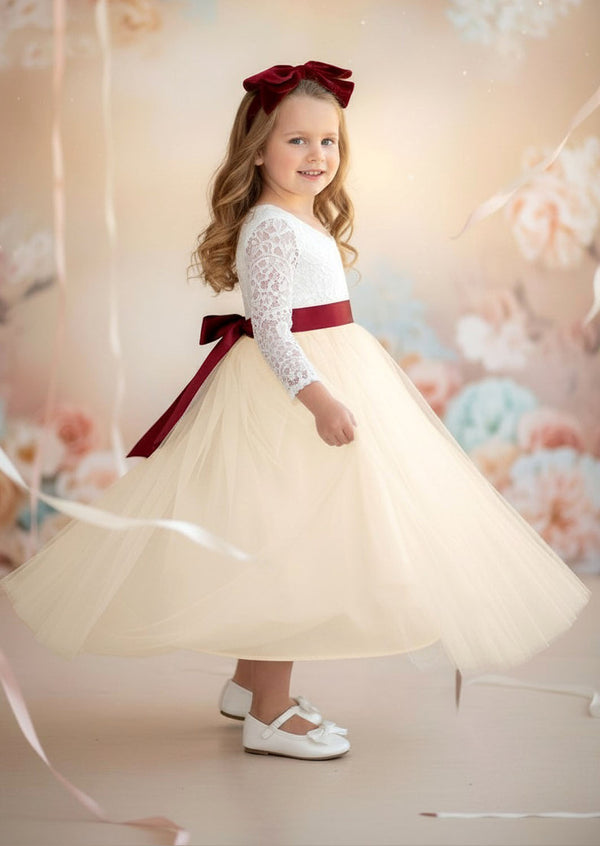 Ivory Long Sleeve Lace Flower Girl Dresses Boho Wedding Style