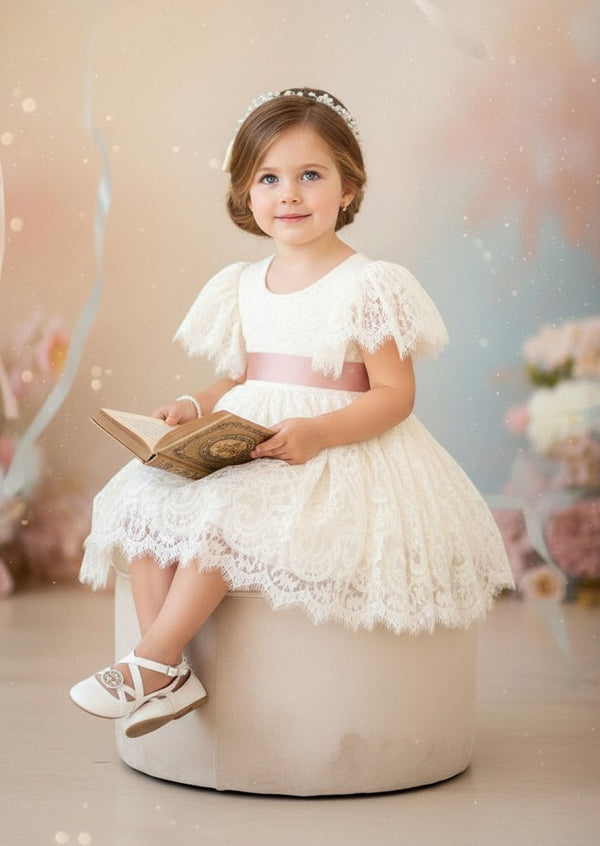 Short Sleeve Ivory Lace Flower Girl Dresses Knee Length