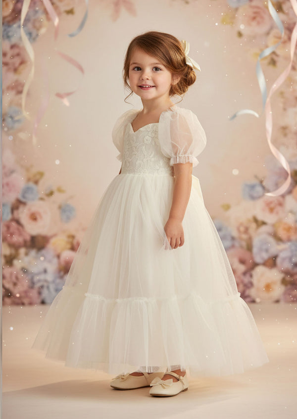 Elegant Ivory Puff Sleeve Flower Girl Dresses for Weddings & Occasions
