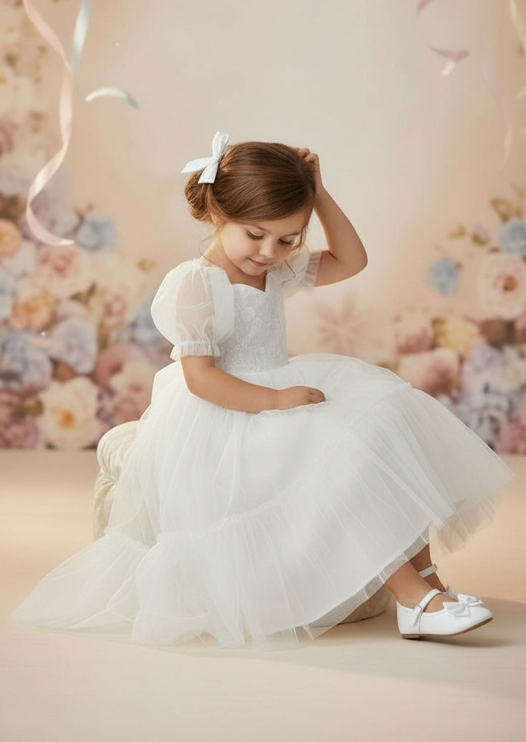 Elegant white tulle and lace dress for flower girls and portraits
