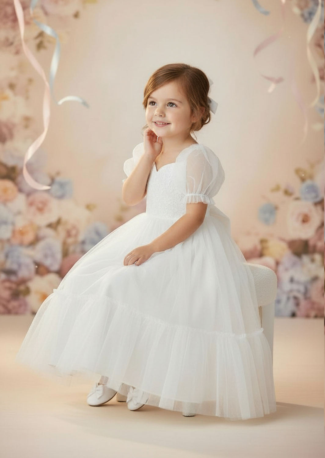Girls white communion dress with tulle ruffle skirt and lace details