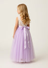Boho Lace Flower Girl Dress in Lavender  Feathered V‑Back