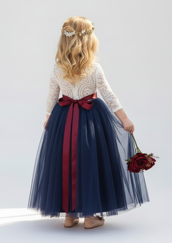 Navy Flower Girl Gown White Lace & Tulle