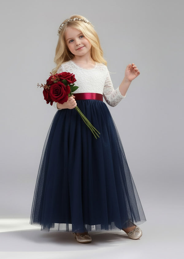 Navy Flower Girl Gown White Lace & Tulle