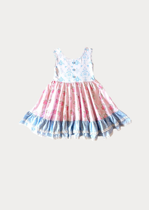 Beach Garden Twirl Dress Pink & Blue  Soft Stretchy Girls Everyday Dress flay lay girls dresses