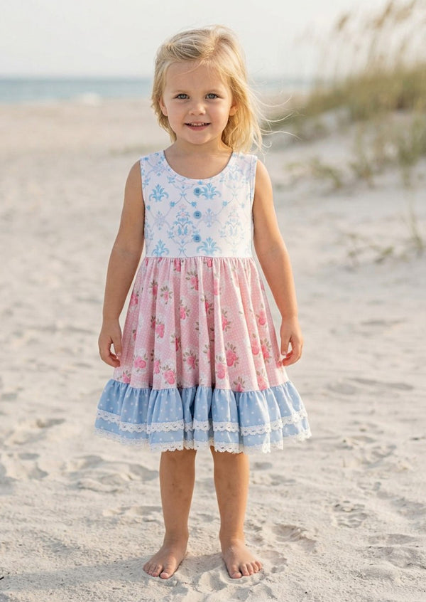 Beach Garden Twirl Dress Pink & Blue  Soft Stretchy Girls Everyday Dress