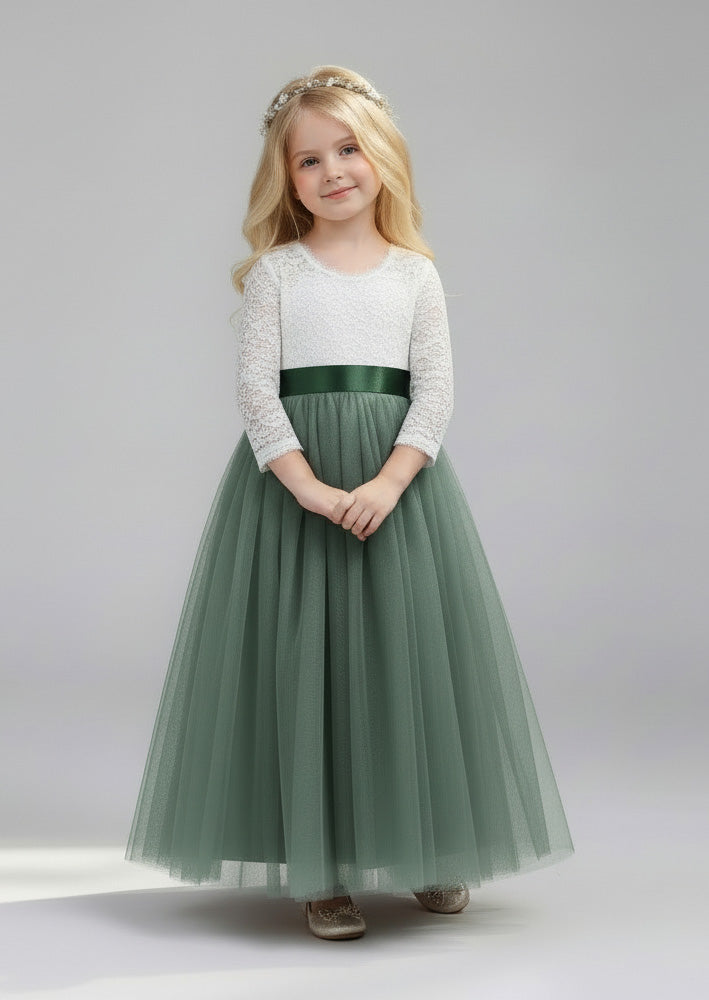 Sage & White Flower Girl Dress Lace V‑Back & Tulle