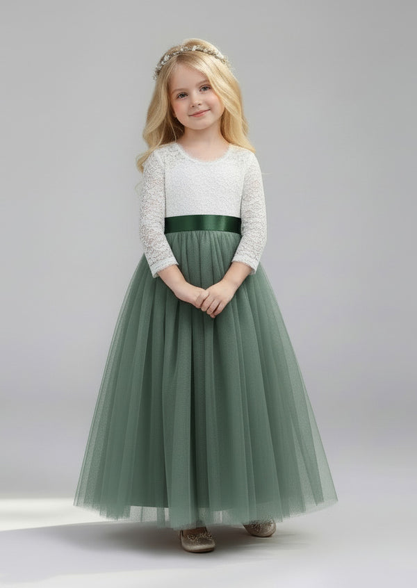 Sage & White Flower Girl Dress Lace V‑Back & Tulle