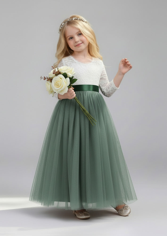 Sage & White Flower Girl Dress Lace V‑Back & Tulle