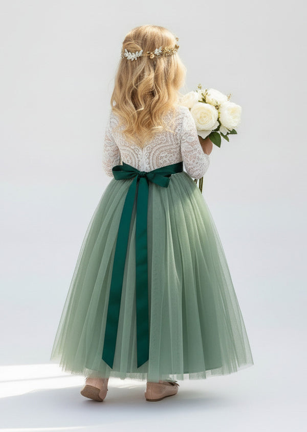 Sage & White Flower Girl Dress Lace V‑Back & Tulle