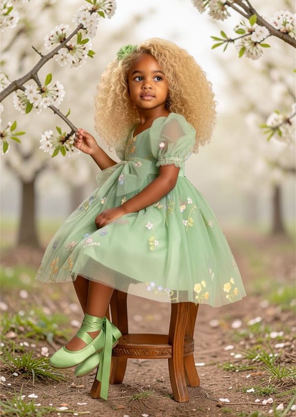 Sage Green Floral Flower Girl Dress | Knee-Length