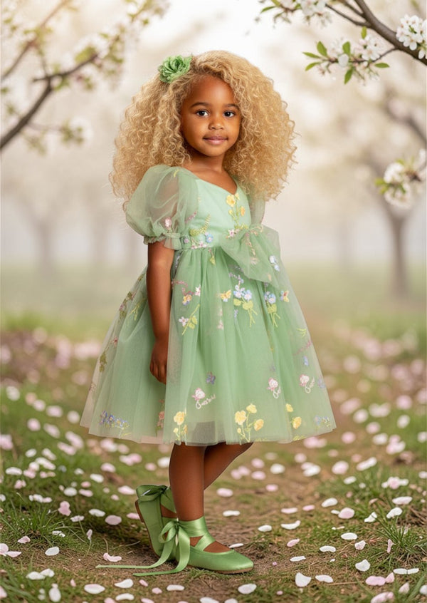 Sage Green Floral Flower Girl Dress | Knee-Length