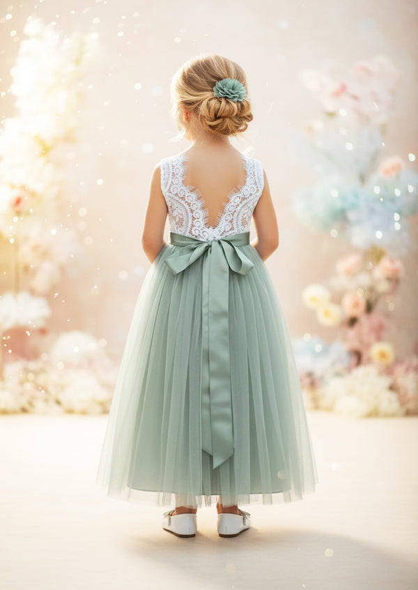 Sage Open Back Flower Girl Dress for Weddings