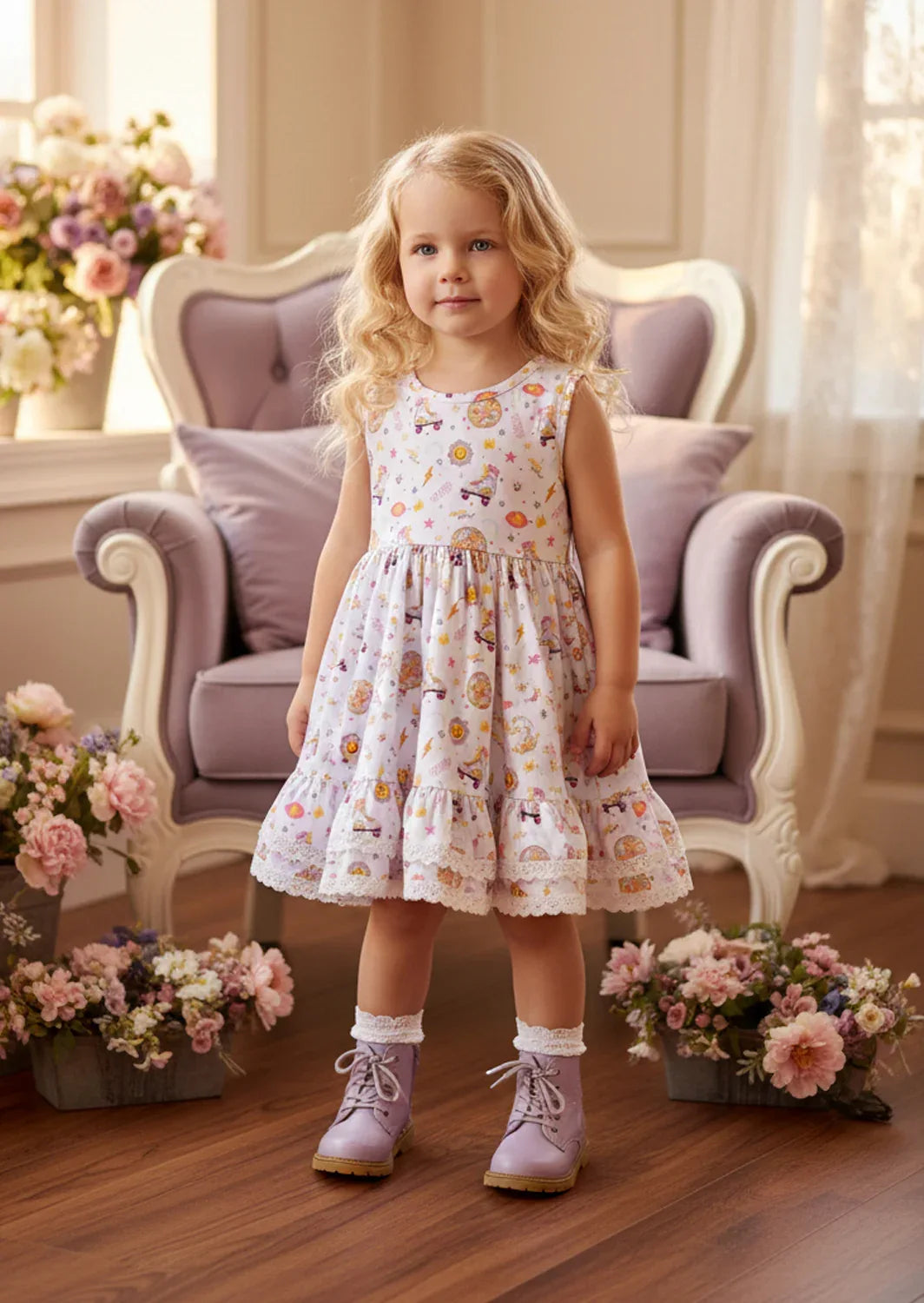 cute toddler casual dresses in lavender print