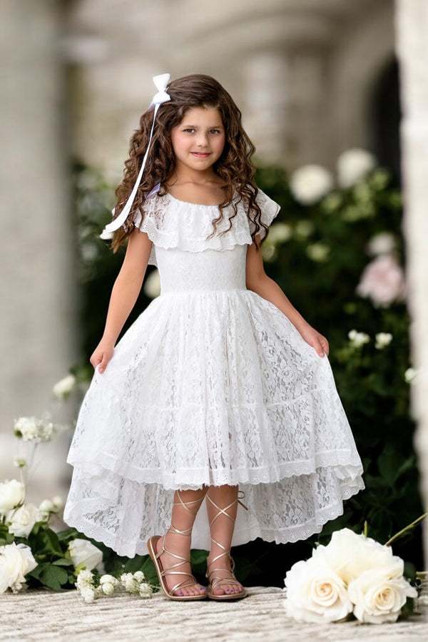 Toddler girl white high low boho lace flower girl party dress