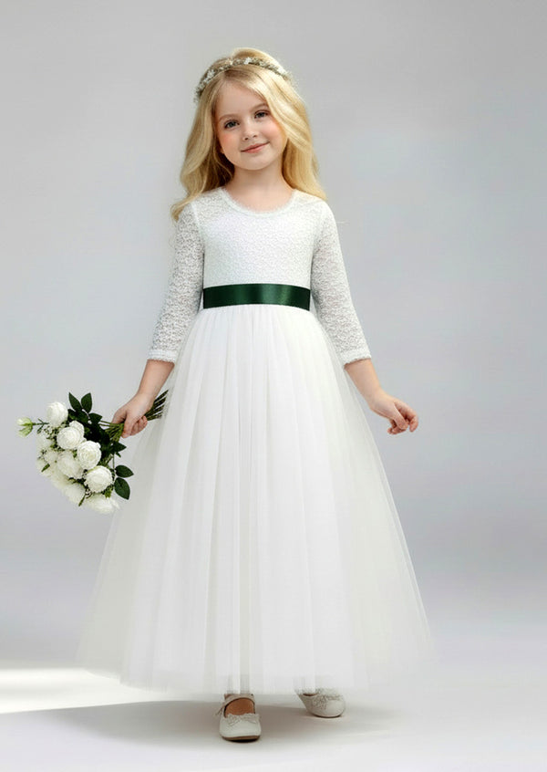 Classic White Long Sleeve Jr Bridesmaid Gown with Sash
