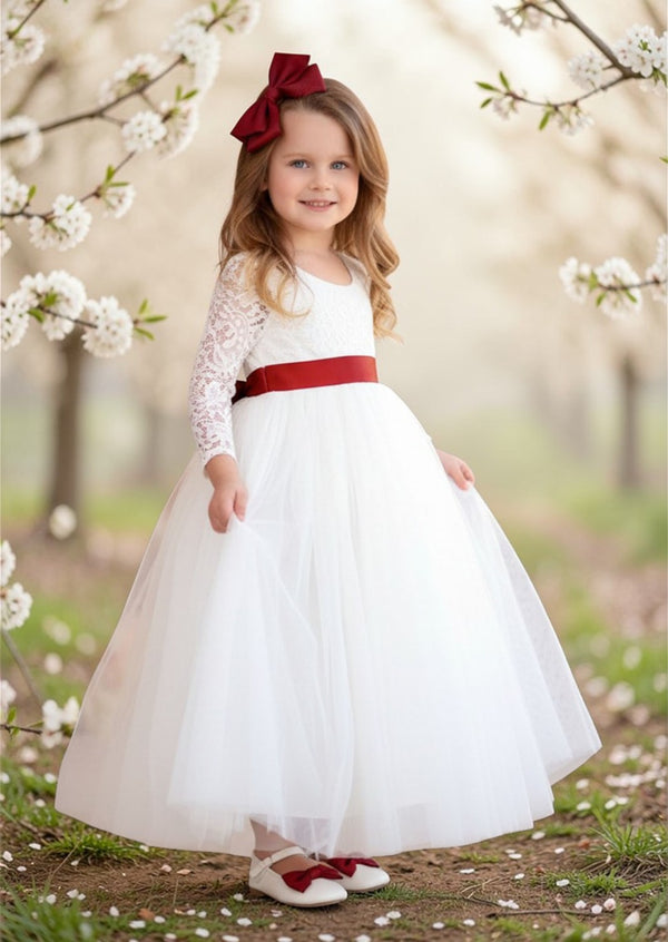 White Lace Tulle Flower Girl Dress  Full‑Length Skirt & Feathered Back