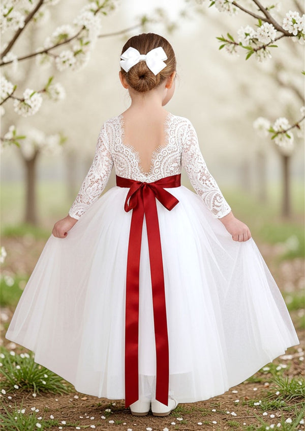 White Lace Tulle Flower Girl Dress  Full‑Length Skirt & Feathered Back