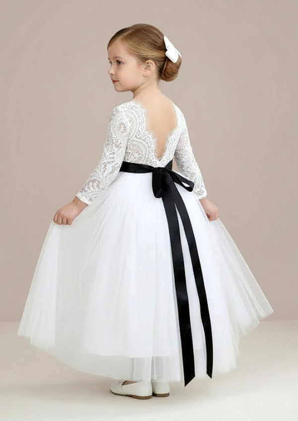 Classic White Long Sleeve Jr Bridesmaid Gown with Sash