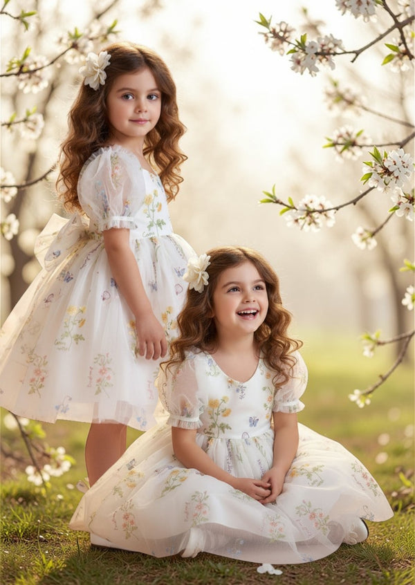White Floral Flower Girl Dress | Knee-Length Tulle
