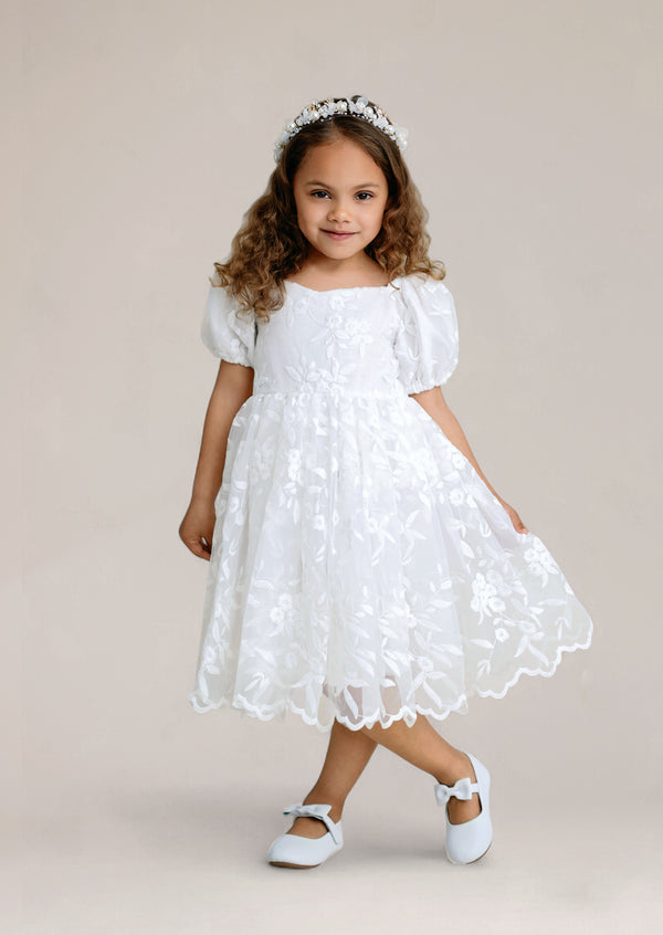 Knee length white lace flower girl baptism  communion dress