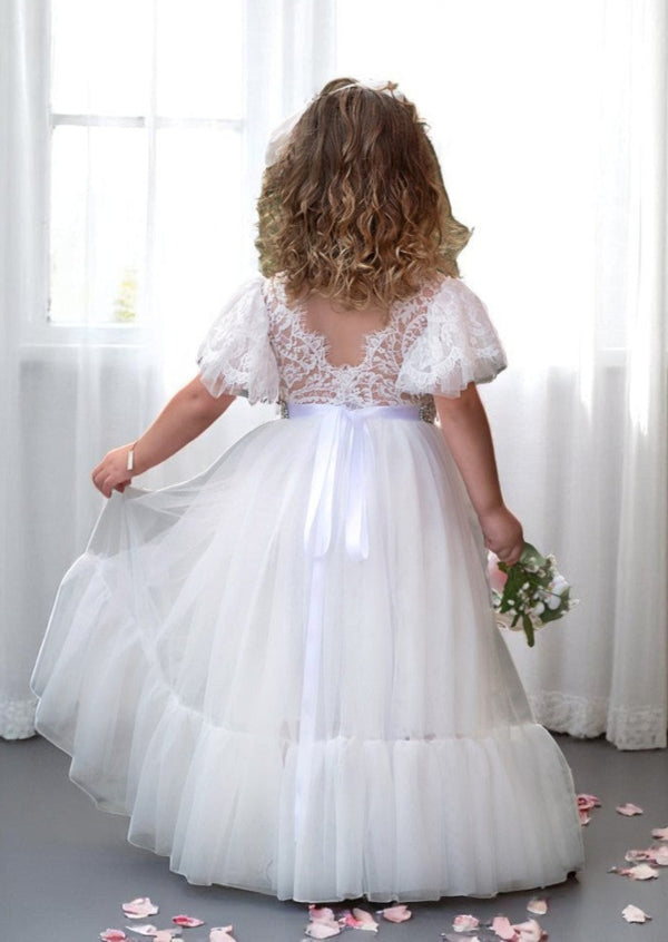 Elegant White Tulle & Lace Flower Girl Dress for Modern Wedding