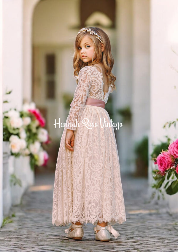 Long Sleeve Ivory Lace Fairytale Flower Girl Dress