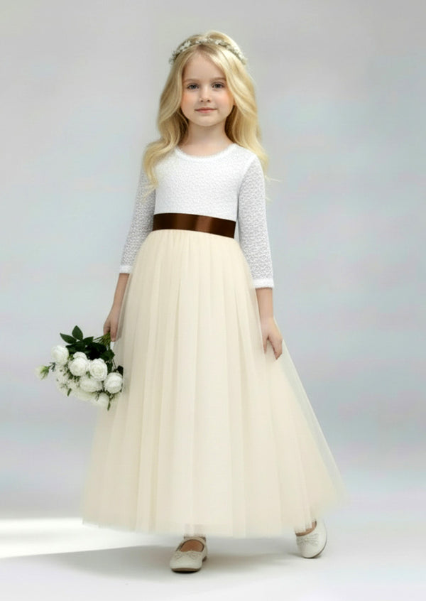 White & Ivory Flower Girl Dress Lace V‑Back & Tulle