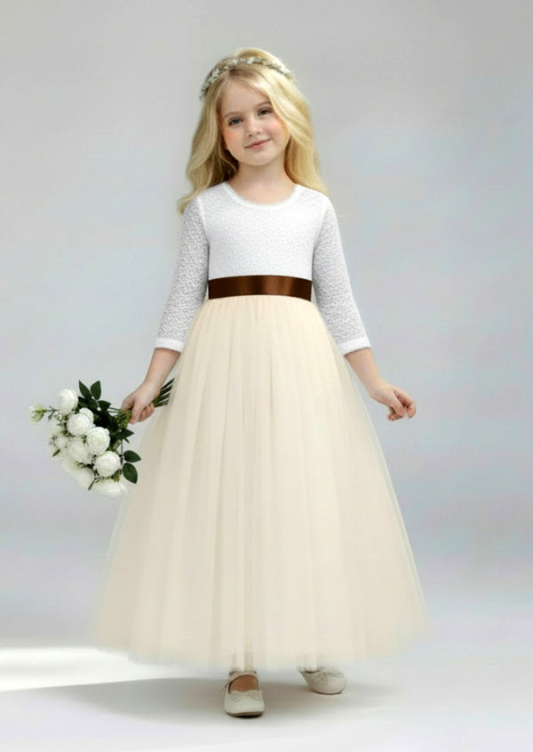 White & Ivory Flower Girl Dress Lace V‑Back & Tulle